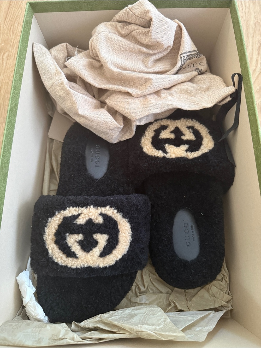 Gucci Black and Cream Shearling Logo Slide Sandals